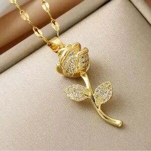 18K Gold Rose Flower Long Stem With Pave Diamond Inlay Pendant Necklace